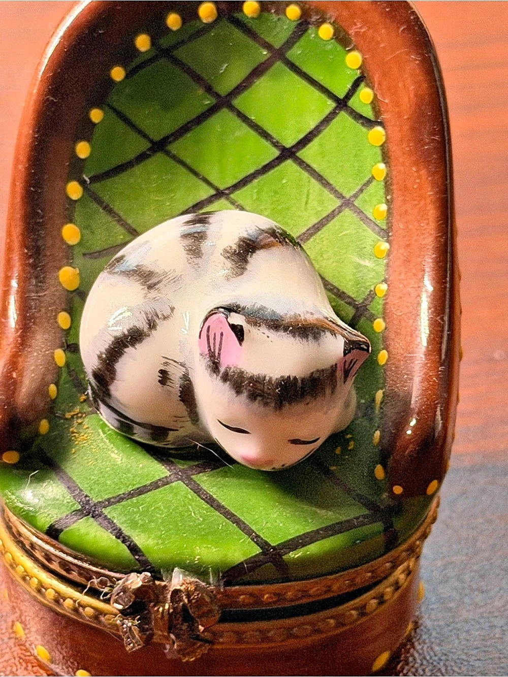 Limoges Sleeping Cat on Green Chair Trinket Box Brown & Green
